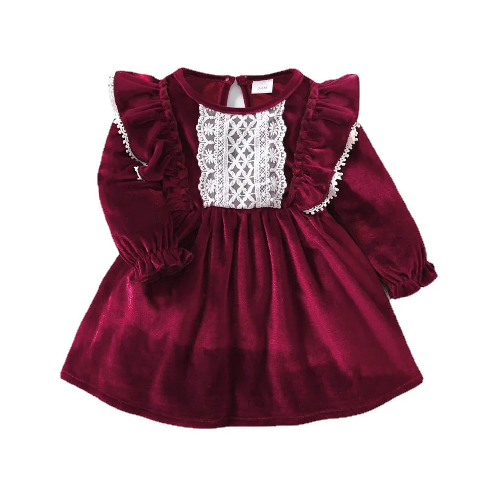 Christmas Party Skirt Baby Girl Long Sleeve Ruffle Satin Finish Dress Fashion Holiday Autumn Winter Wear for Kids Girl 0-7 Years