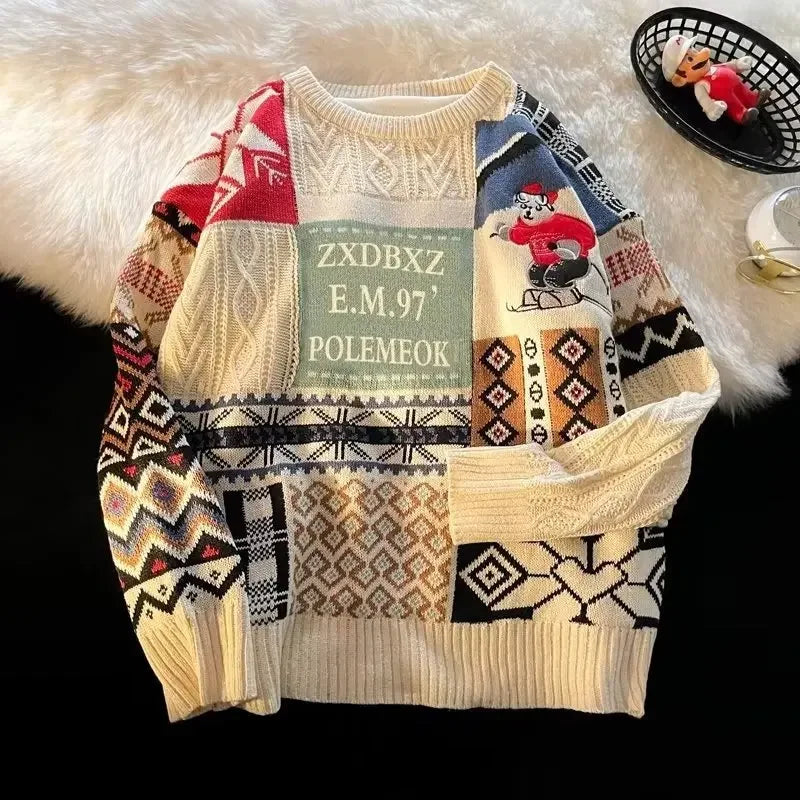 Christmas Sweater Men's Winter Loose-fit Casual Style Knitted Top Jacket American Vintage Fleece-lined Thickened Line Clothes