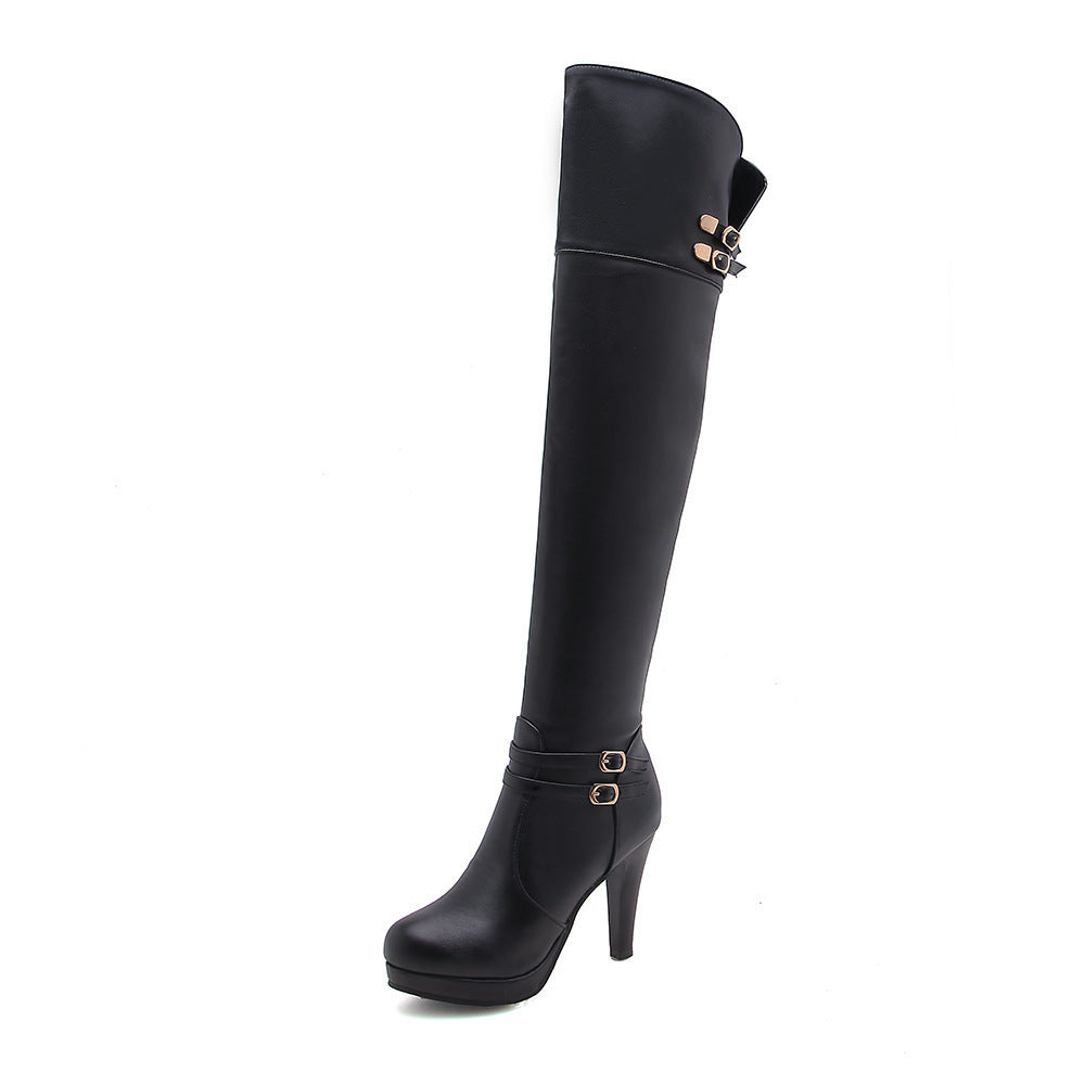 Over The Knee High Heel Almond Toe Waterproof Multi Buckle Platform Boots