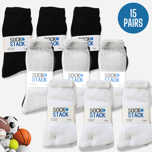 15 Pairs Mens Cotton Rich Performance Sport Socks Outdoor Athletics Running Hiking Football Black Grey White Sock Cushioned Anti-Blister Moisture-Wicking Breathable Comfortable UK 6-11 by Sock Stack