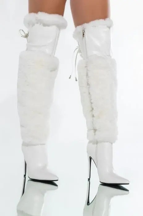Runway Luxury Boots Stiletto Heel Plush Over-the-knee White Boots
