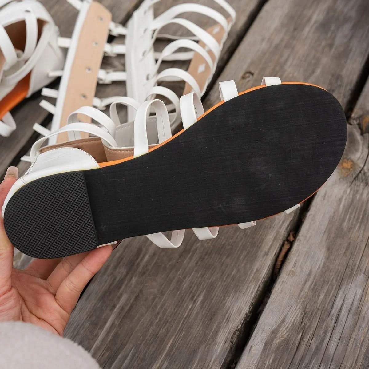 Roman Style Back Zipper Flat Heel Gladiator Sandals Metal Buckle