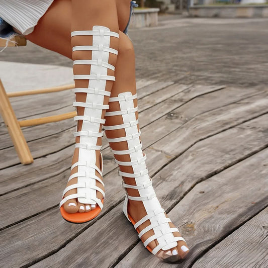 Roman Style Back Zipper Flat Heel Gladiator Sandals Metal Buckle
