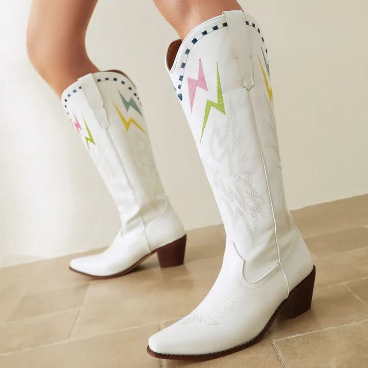 Lightning Bolt Embroidered Knee-high Unisex Plus Size Western Boots