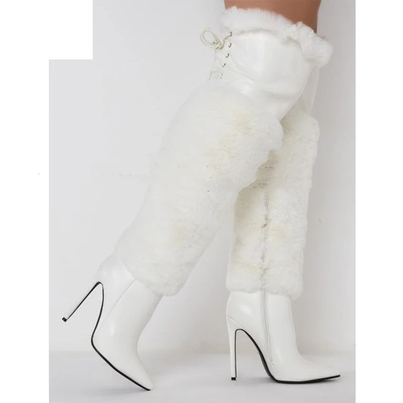 Runway Luxury Boots Stiletto Heel Plush Over-the-knee White Boots