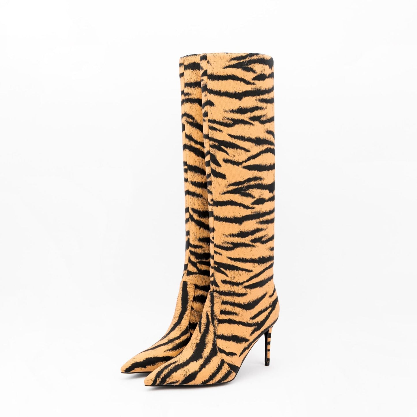 Pencil heel mid-calf animal print pointed toe boots