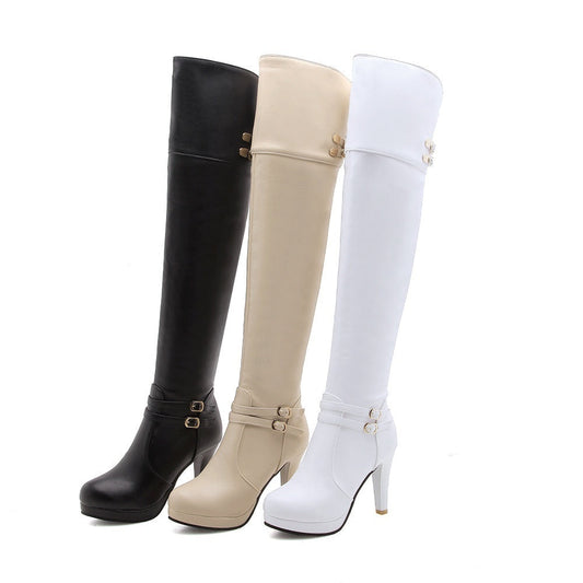 Over The Knee High Heel Almond Toe Waterproof Multi Buckle Platform Boots
