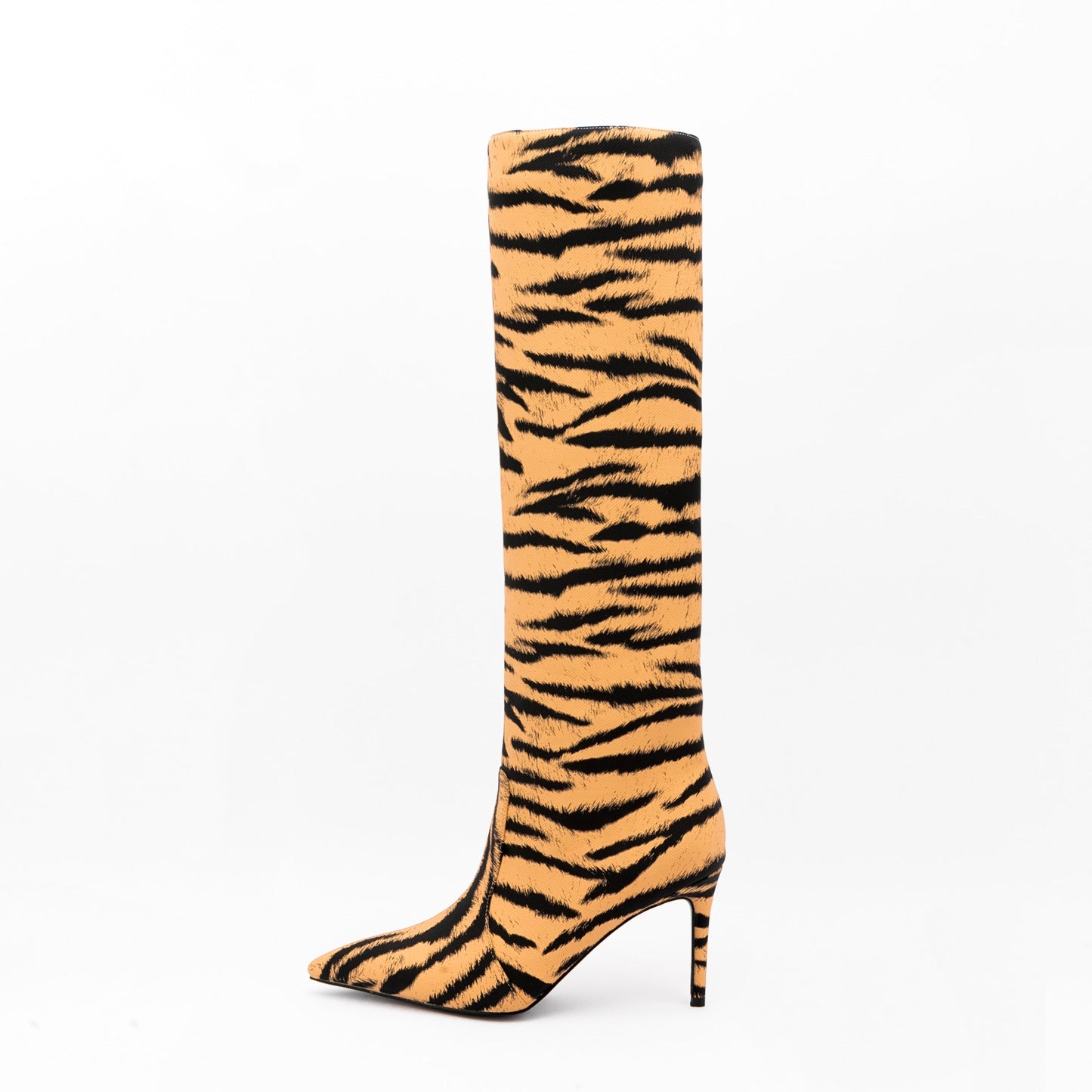 Pencil heel mid-calf animal print pointed toe boots