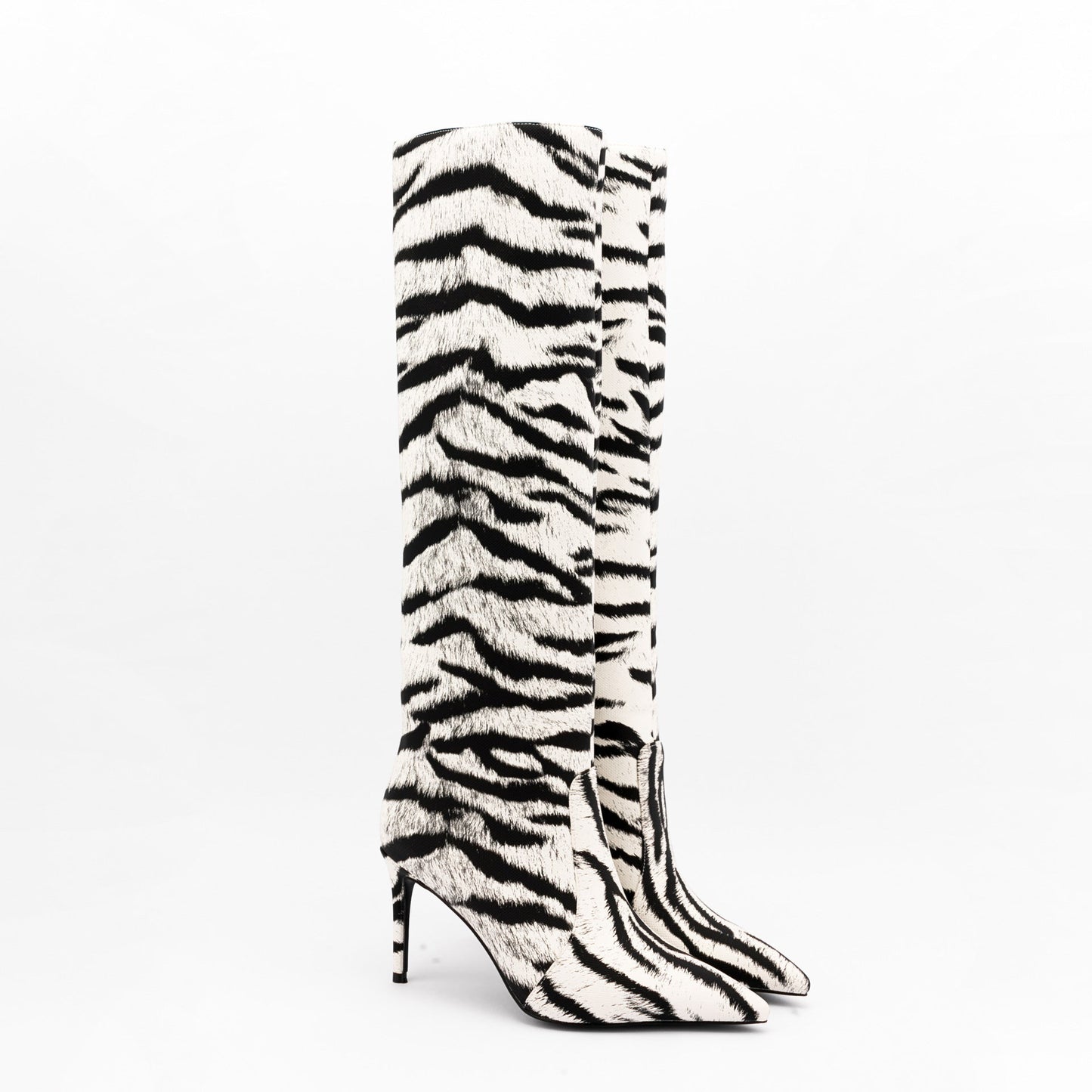 Pencil heel mid-calf animal print pointed toe boots