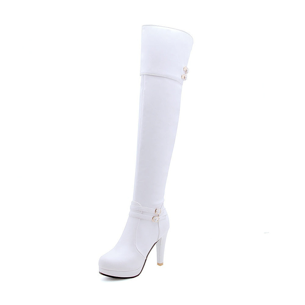 Over The Knee High Heel Almond Toe Waterproof Multi Buckle Platform Boots