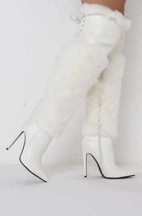 Runway Luxury Boots Stiletto Heel Plush Over-the-knee White Boots