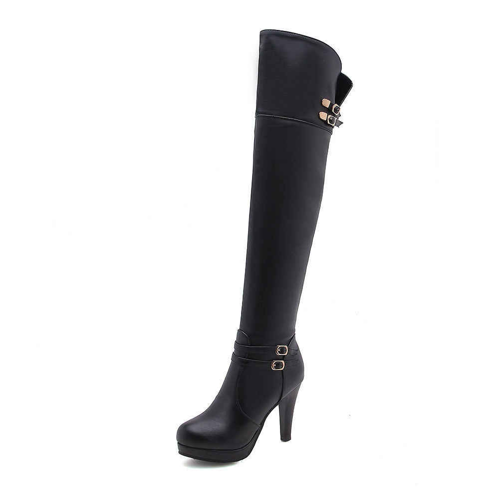 Over The Knee High Heel Almond Toe Waterproof Multi Buckle Platform Boots