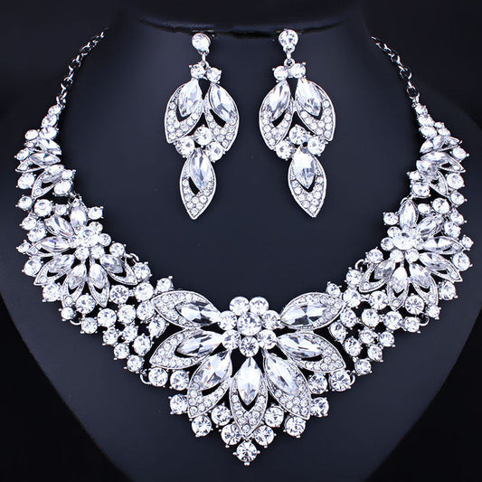 Flower Crystal Rhinestone Necklace Earrings Two-Piece Drag Queen Jewellery Set