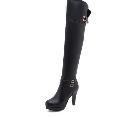 Over The Knee High Heel Almond Toe Waterproof Multi Buckle Platform Boots