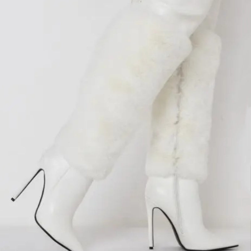 Runway Luxury Boots Stiletto Heel Plush Over-the-knee White Boots