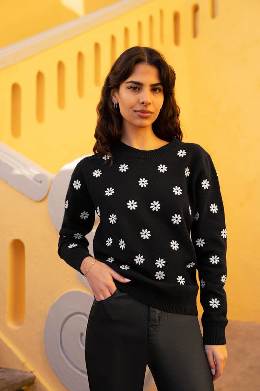 Yumi Black All Over Embroidered Daisy Knitted Jumper