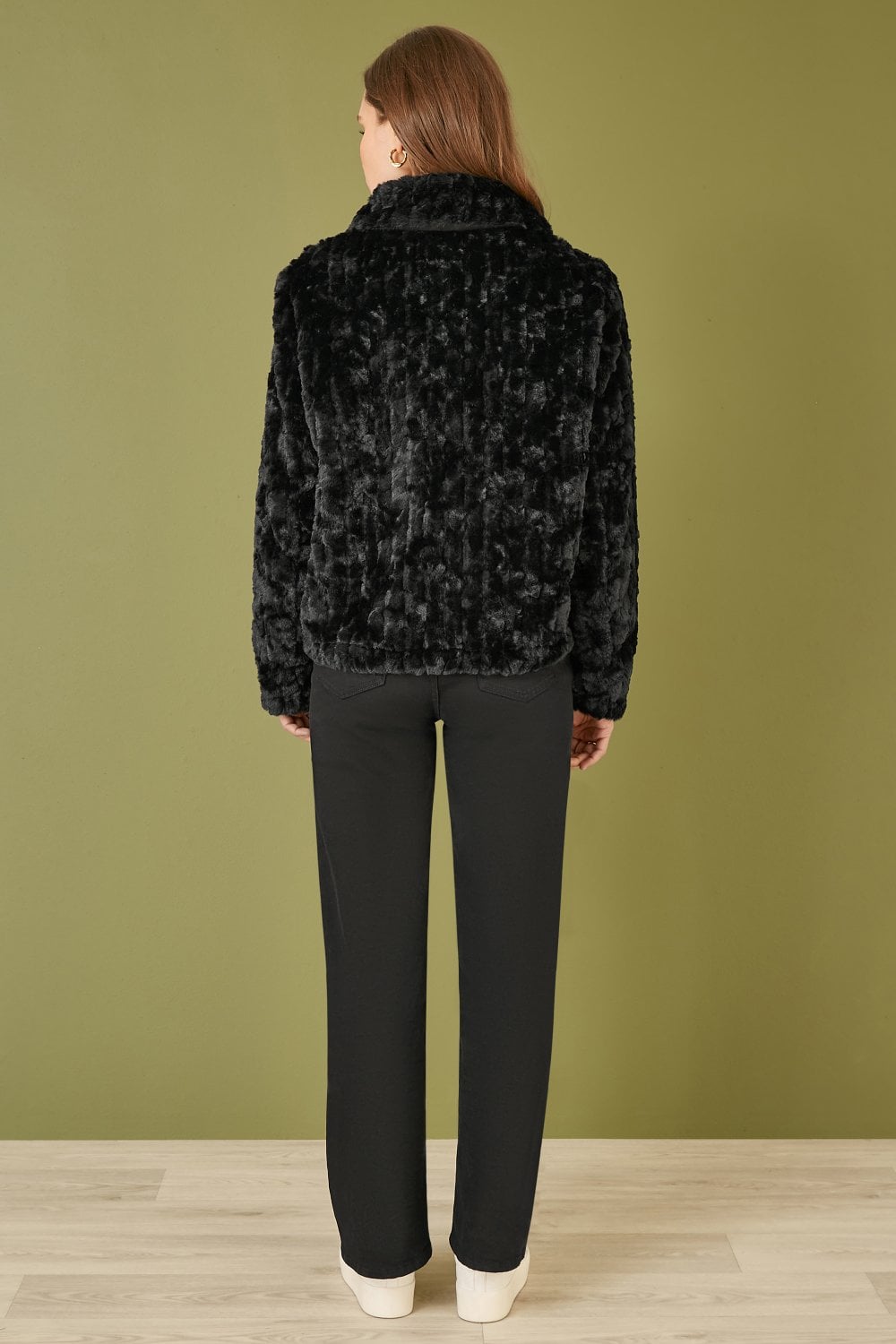 Yumi Black Luxe Textured Faux Fur Jacket With Pockets