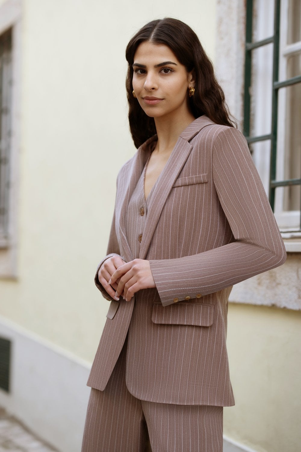 Yumi Brown Pinstripe Blazer