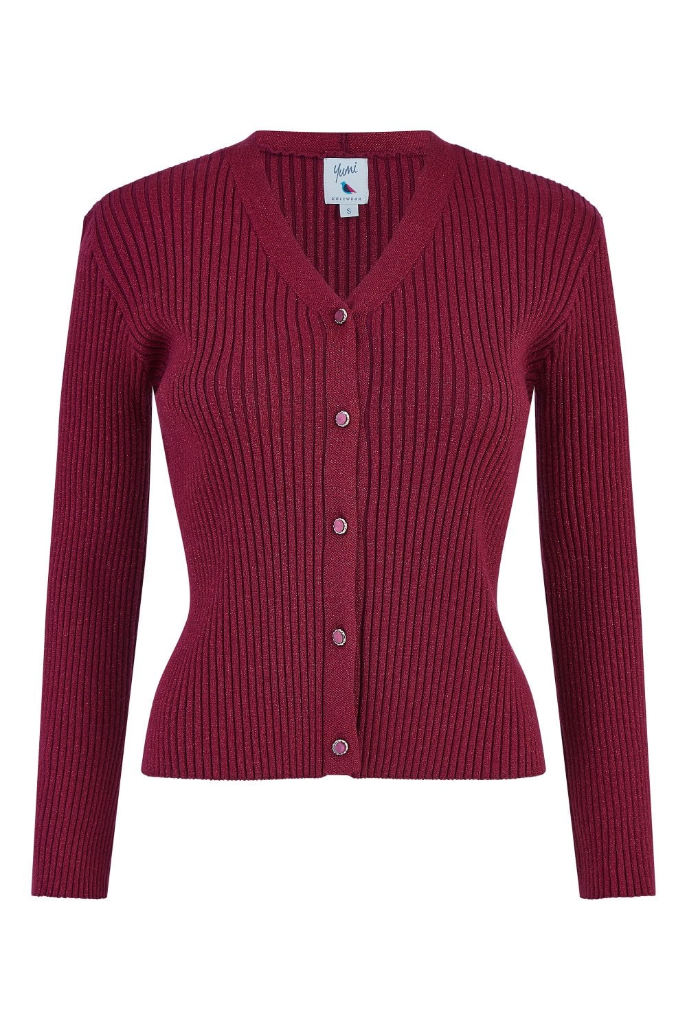 Yumi Burgundy Metallic Rib Knitted Cardigan