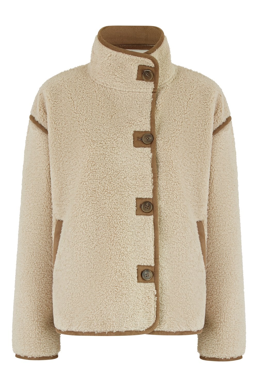 Yumi Cream Borg High Neck Jacket With Faux Leather Trims