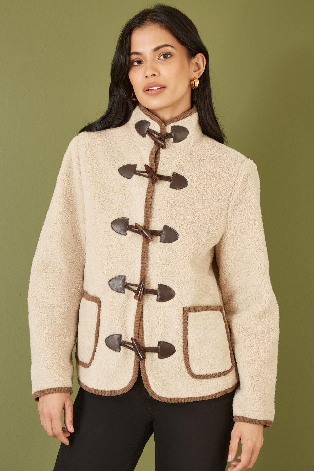 Yumi Cream Borg Jacket With Faux Leather Button Details