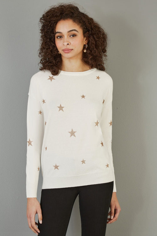 Yumi Cream Gold Foil Star Print Relaxed Fit Jumper