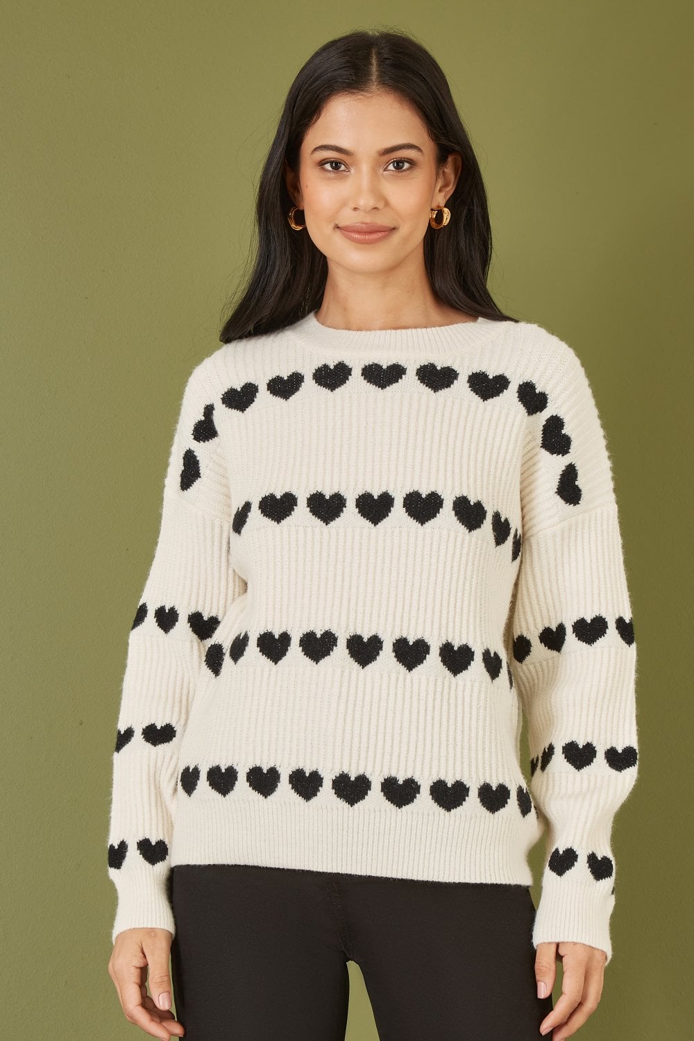 Yumi Ivory Knitted Jumper With Heart Stripes
